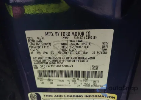 2012 Ford F-150 Xlt из США, поврежденный, VIN 1FTFW1EF3CFC00321